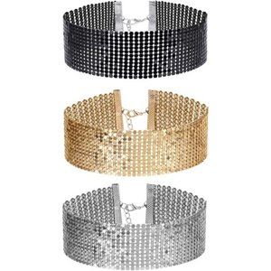 3 Pcs Women's Gold and Black Thick Rhinestone Metal Necklace Set for Girls